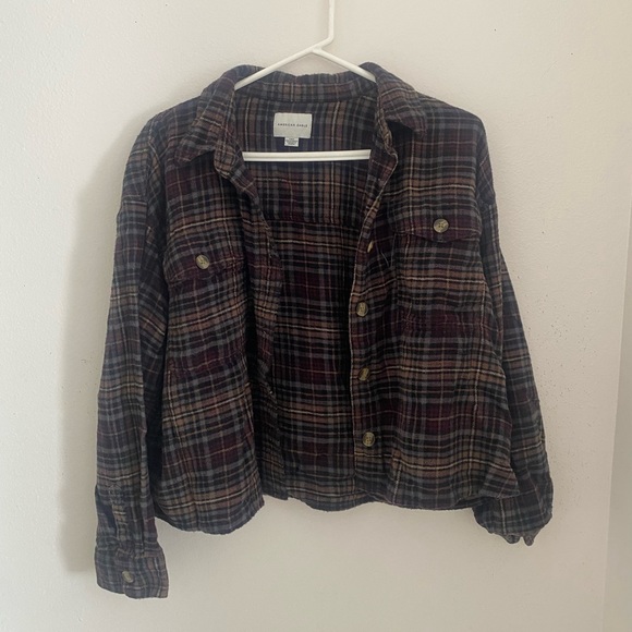 American Eagle Plaid Brown Button Up Cropped Shirt - Picture 2 of 3